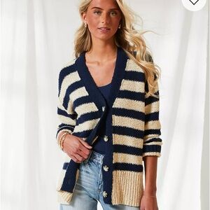 BKE Navy and Cream Striped Button Cardigan